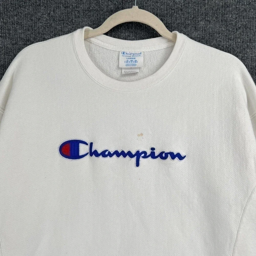 Champion Reverse Weave Sweatshirt Adult Large White Spellout Crewneck Pullover